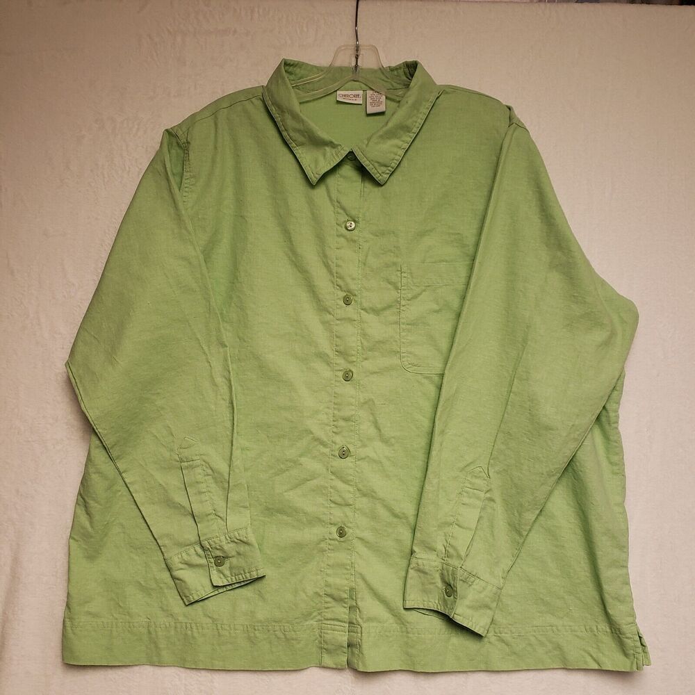 Cherokee Womens 24W Lime Linen Blend Long Sleeve Collared Button Up Blouse Shirt